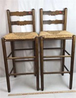 Pair of Wood High Chairs with Reed Seats