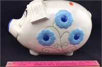 White Ceramic Piggy Bank with Blue Flowers