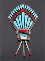 Navajo Sterling Silver Turquoise Coral Fan Brooch
