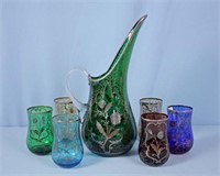 Green Silver Overlay Water Pitcher and 6 Glasses