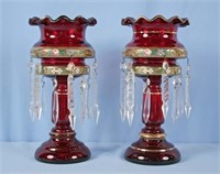 Pair of Gilt Decorated Ruby Mantle Lusters