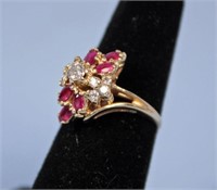 14 Kt. Gold Ladies Dinner Ring w/ Synthetic Rubies