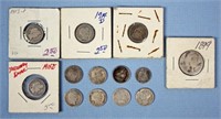 13 Silver Coins, Barber Quarter, 1853 Dime, Etc.