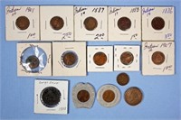 15 Assorted Pennies, Wheat, Indian Heads, Large 1c