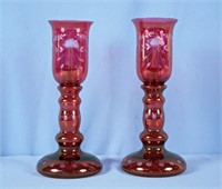 Pair Two Part Cranberry Cut to Clear Candlesticks