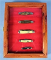 5 Case XX USA Pocket Knives and Cedar Display Case
