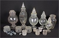 Six Apothecary Candy Jars and Various Glass Lids