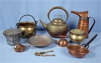 Group of Cooper and Brass Items, Kettles, Pots Etc