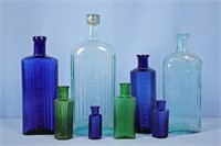 8 Poison Bottles Aqua, Green and Cobalt Blue