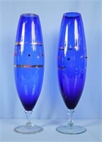Two 17.5" Cobalt Blue Jeweled Vases w/ Clear Bases