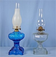 Two Oil Lamps Blue and Clear Greek Key