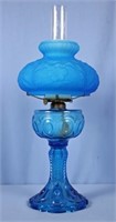 Blue Peacock Feather Oil Lamp w/ Satin Shade