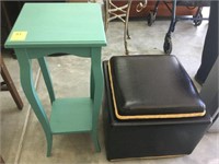 Small aqua colored table, black ottoman with