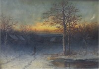 HENRY DUESSEL PAINTING OF RURAL COTTAGES AT DUSK