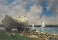OIL ON CANVAS PAINTING OF A COASTAL SCENE & BOATS