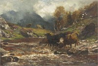 ALFRED GREY OIL PAINTING OF CATTLE BY A STREAM