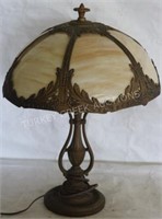 CARAMEL SLAG BENT GLASS PANEL TABLE LAMP, OLD