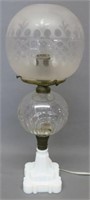 19TH C. FLUID LAMP W/ ACID ETCHED GLOBE SHADE