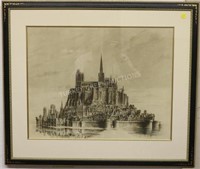 OLD FRAMED ENGRAVING OF A CATHEDRAL