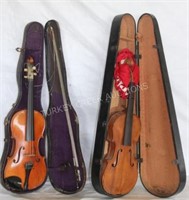 2 OLD VIOLINS IN CASE, ONE WITH 2 BOWS