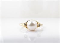 14K Yellow Gold Cultured Pearl, Diamond Ring
