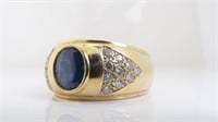 Gentleman's 18K Yellow Gold Sapphire, Diamond Ring