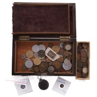 Assortment of U.S. and foreign coins in wood box