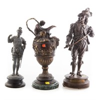 Two spelter clock figures and bronze ewer