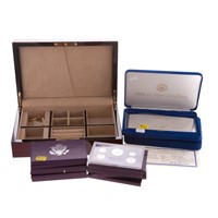 Selection of coin proof sets and jewelry box