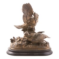 Spelter figural group of two grouse