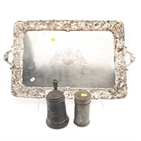 Large silver plated tray and 2 pewter objects