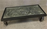 Unique Tribal Scene Glass Top Table w/ Carved Lion