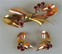 Retro 14K Gold, Ruby & Diamond Bow Pin & Earrings
