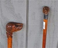 Two Carved Wood Hound's Head Handled Canes