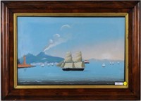 Italian School Painting, Mt. Vesuvius, French Ship