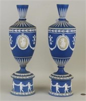Pair Blue & White Jasperware Urns