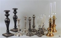 Four Pair Silver Plate Candlesticks, One Brass