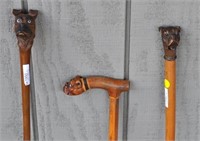 Two Carved Wood Bulldog Handled Canes & Umbrella