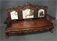 Ornate Carved Wood Bench w/ Marble Paneled Back