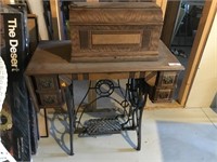 Antique Sewing Machine, Cover and Table.