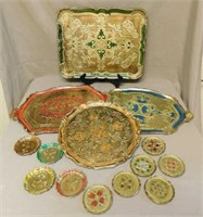 Gilt Florentine Trays with Coasters.  14 pc.