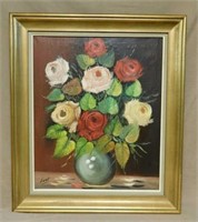 Floral Bouquet Oil on Canvas, Signed.  29"T x 25"W