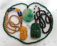 Beaded and Carved Pendant Necklaces.  3 pc.