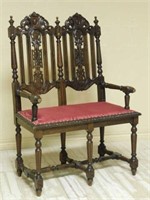 French Hunt Style Cartouche Crowned Oak Settee.