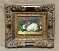 Charming Bunny Oil on Canvas.  17"T x 18 3/4"W.