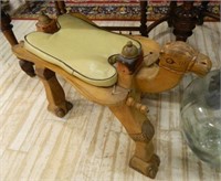Leather Seated Carved Wooden Camel Figural Stool.