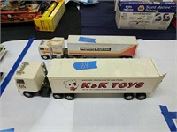 Two toy tractor trailers as shown