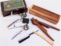 Vintage Straight Razor, Clippers, & Wood Items