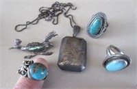 3 old silver turquoise rings & silver locket-chain