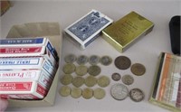 1950's australia & 2002 euro coins -playing cards